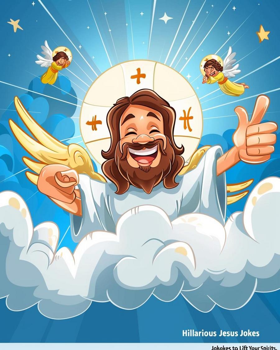 Cartoon depicting biblical humor through playful Jesus jokes, engaging and spirited.