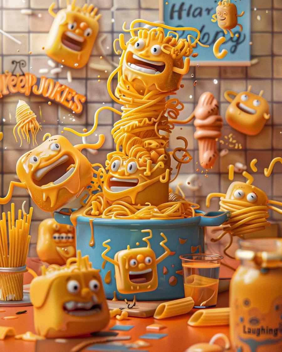 Humorous book cover on The Art of Pasta Puns featuring delightful pasta jokes illustrations.