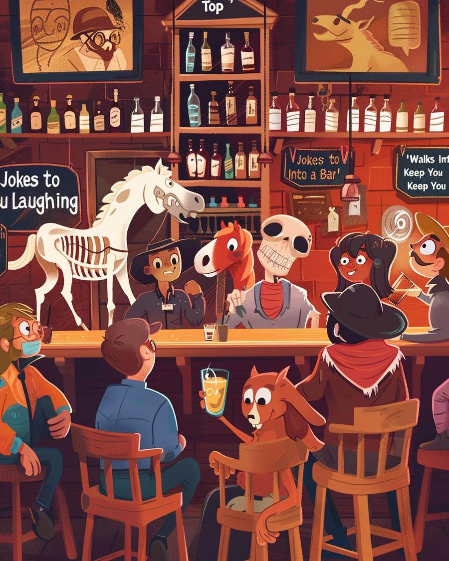 Animal Antics: When Animals Walk into Bars Cartoon animals, in a bar, inspired by classic 'walks into a bar' jokes.