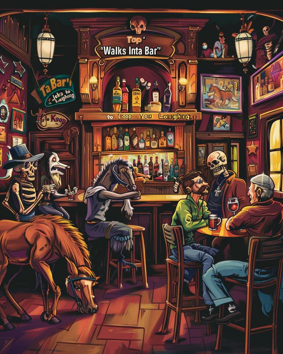 Food and Drink Fun: Edibles Walk into Bars Various edibles and drinks depicted in a humorous